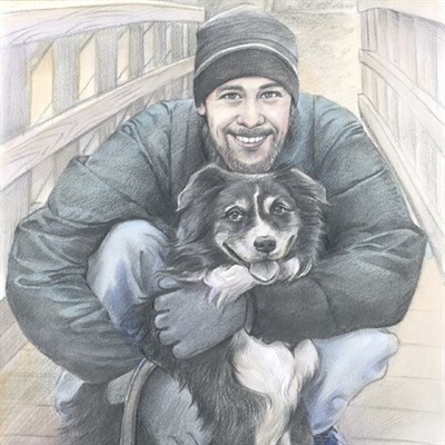 Hand Drawn Vintage DaVinci Pencil Sketch from A Photo of A Man with His Dog,by myDaVinci - myDaVinci